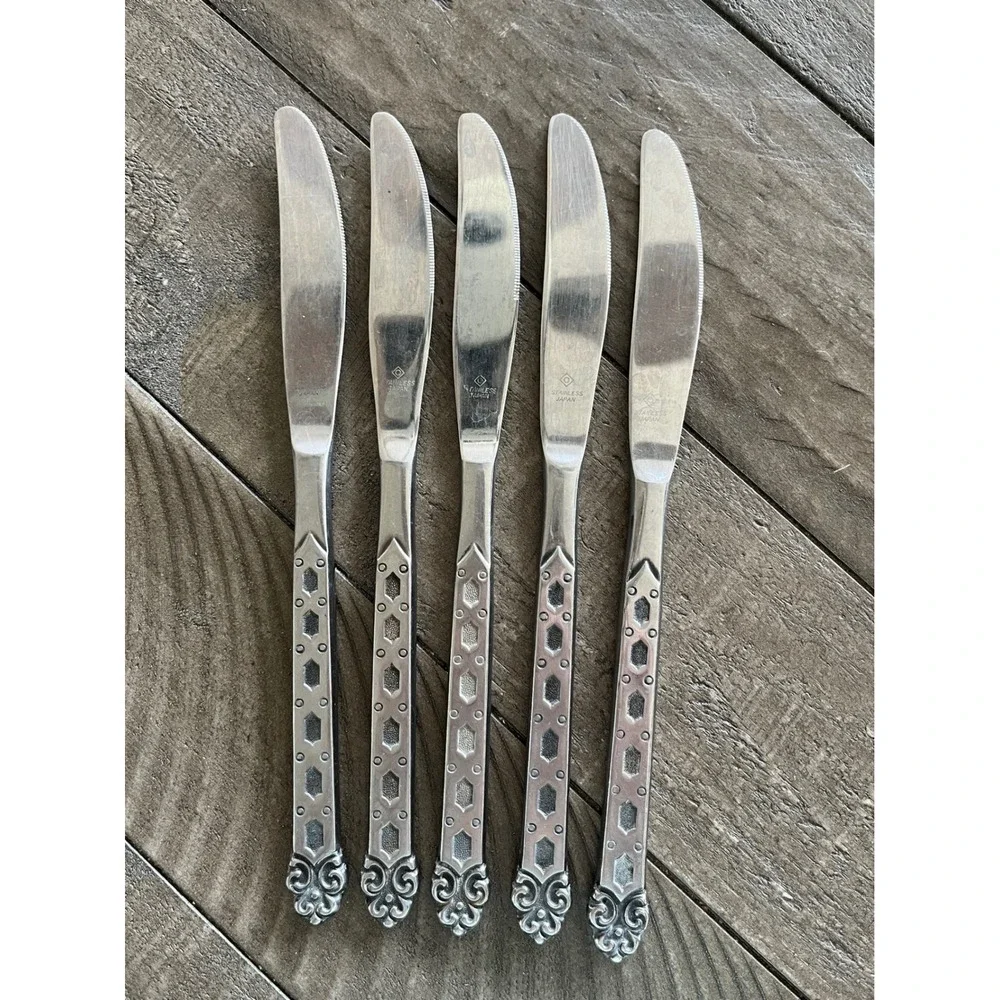 Vintage Stainless Japan Dinner Knives Set of 5 Geometric Brutalist Scroll MCM